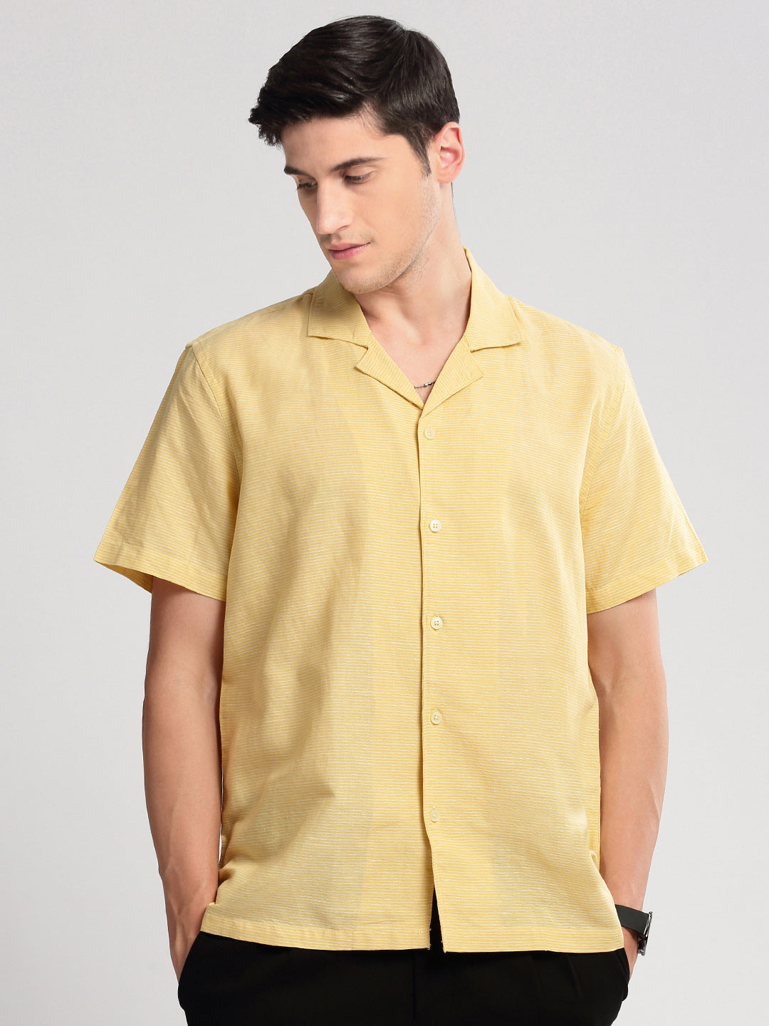 Men Cuban Collar Horizontal Stripes Yellow Casual Shirt