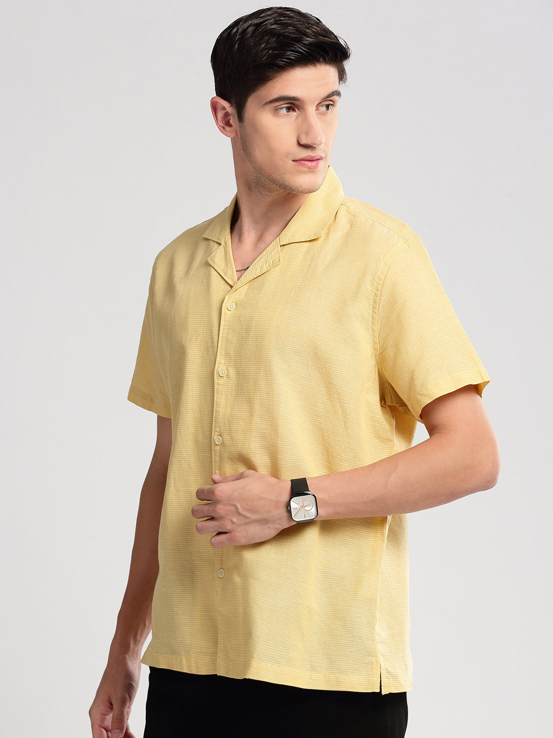 Men Cuban Collar Horizontal Stripes Yellow Casual Shirt