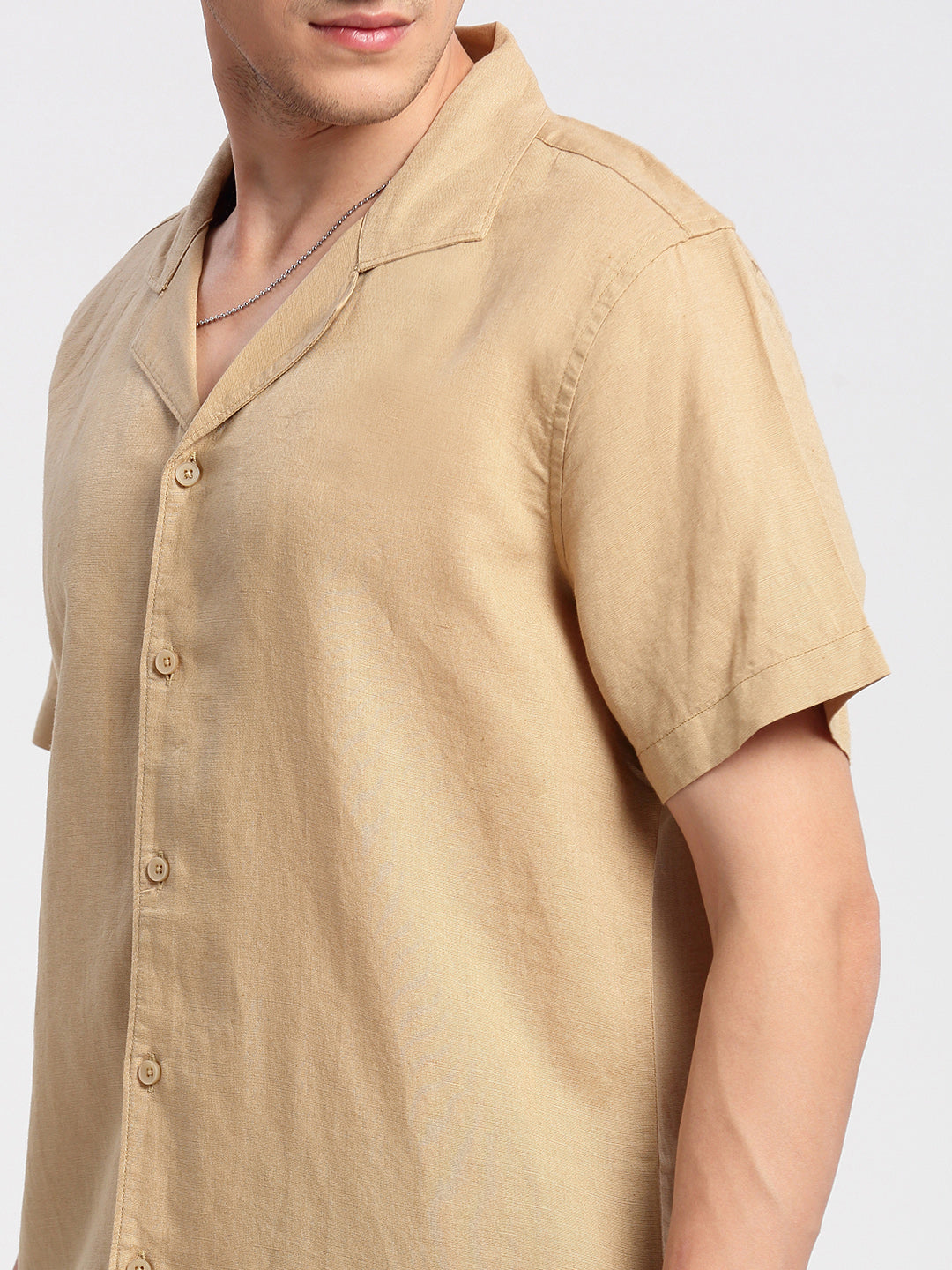 Men Cuban Collar Solid Beige Casual Shirt