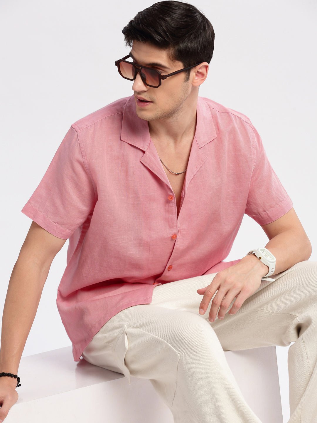Men Cuban Collar Solid Pink Casual Shirt