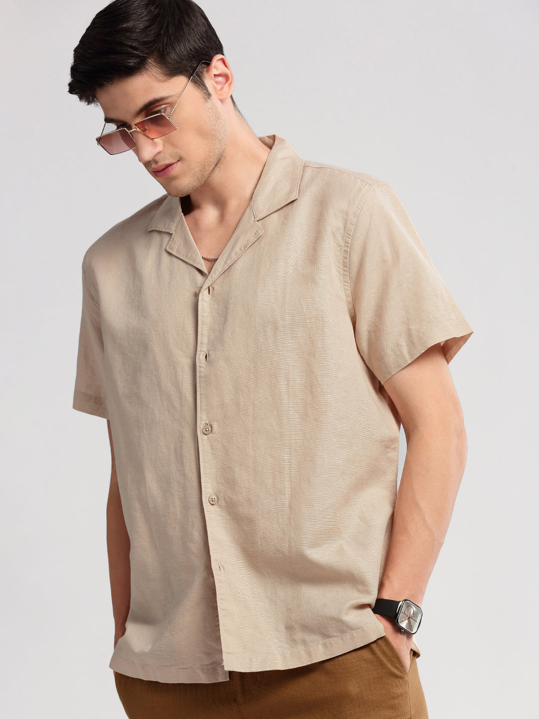 Men Cuban Collar Solid Beige Casual Shirt