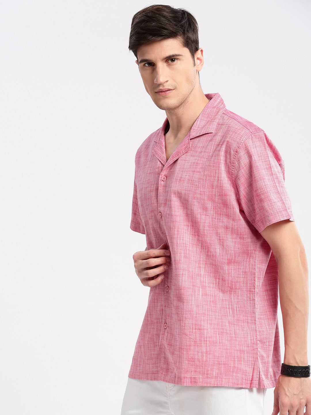 Men Cuban Collar Solid Pink Casual Shirt