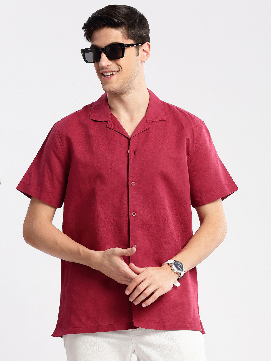 Men Cuban Collar Solid Maroon Casual Shirt