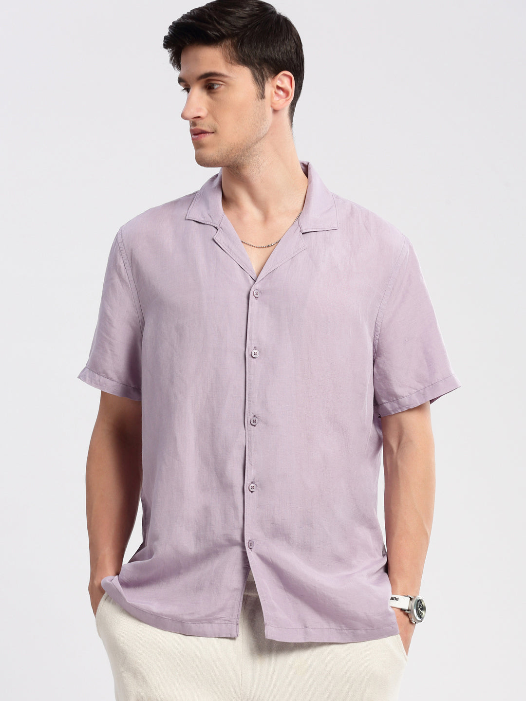 Men Cuban Collar Solid Lavender Casual Shirt