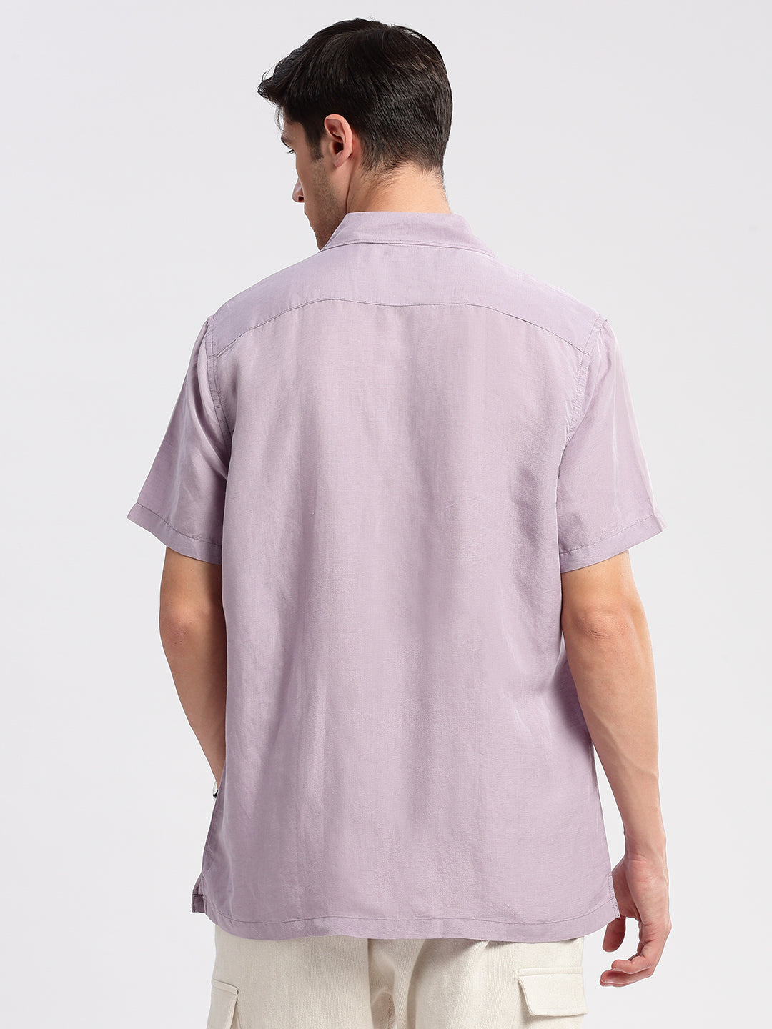 Men Cuban Collar Solid Lavender Casual Shirt