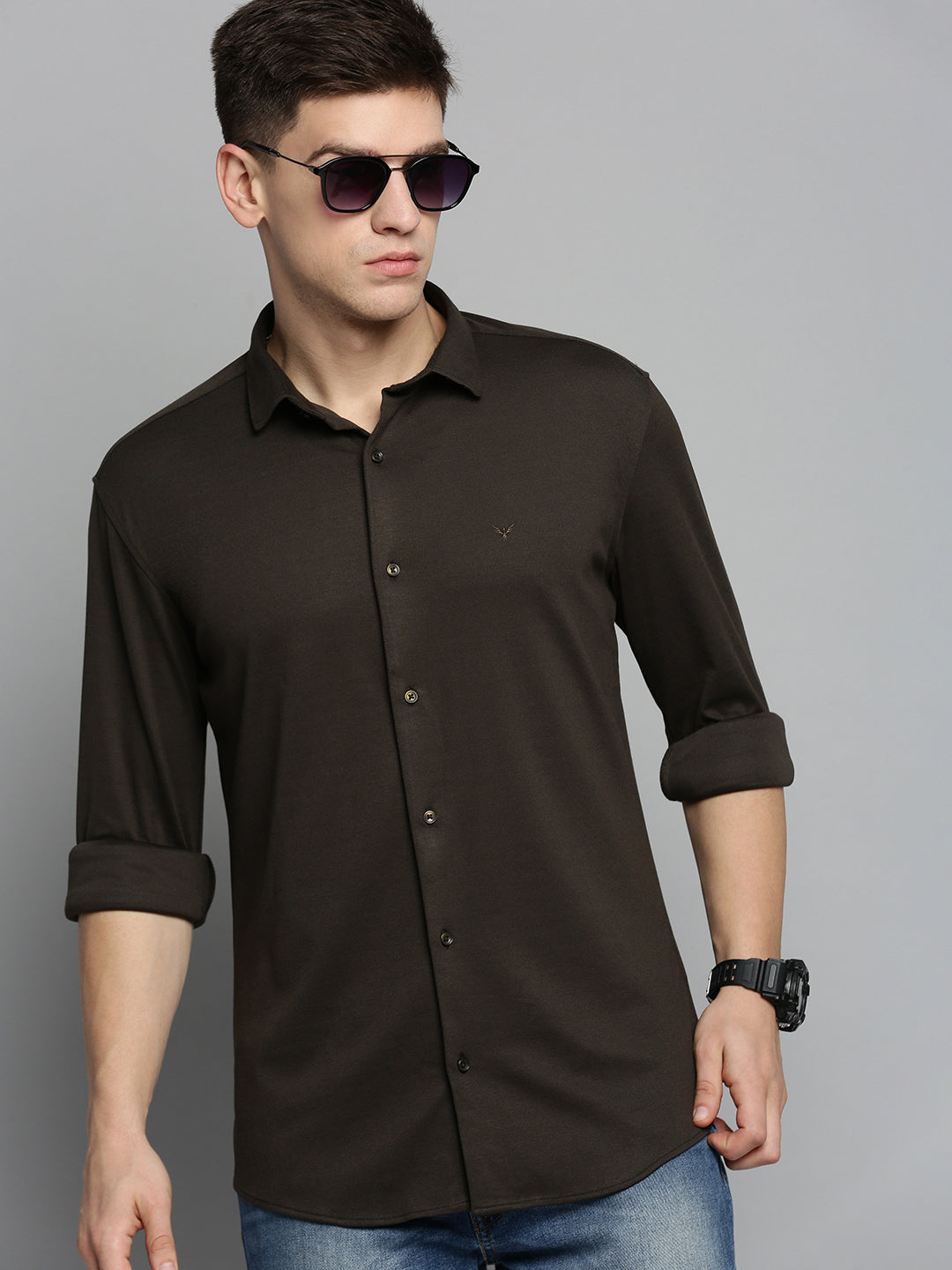 Men Green Solid Casual Shirt