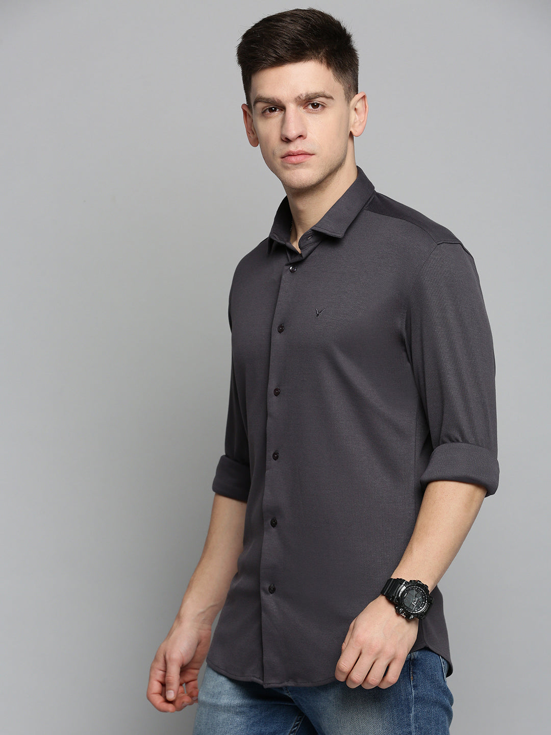 Men Grey Solid Casual Shirt