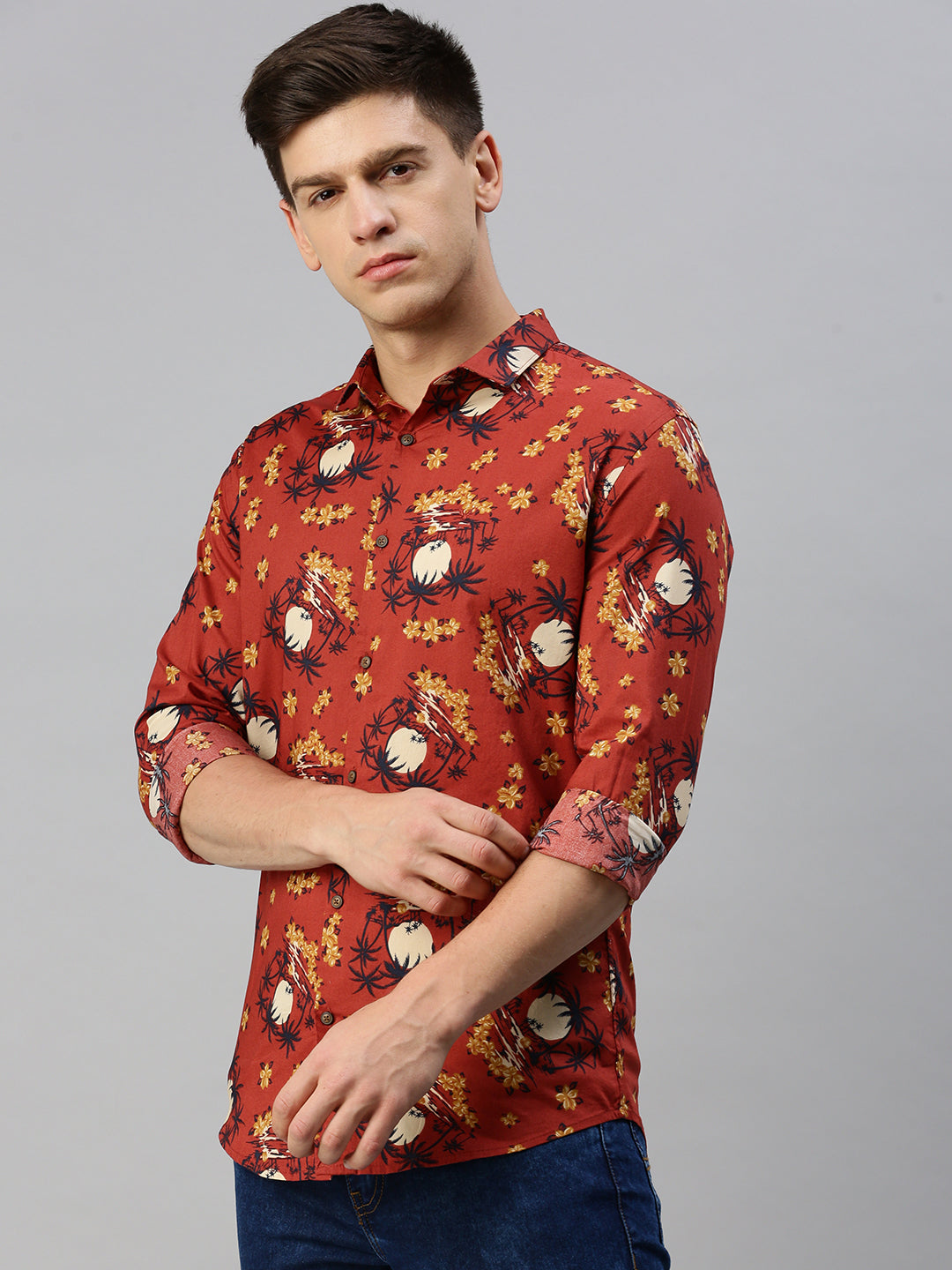 Men Rust Printed Casual Shirt