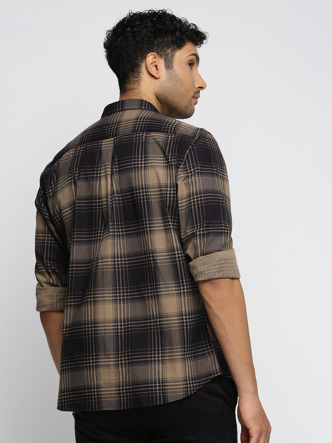 Men Black Spread Collar Tartan Checks Shirt