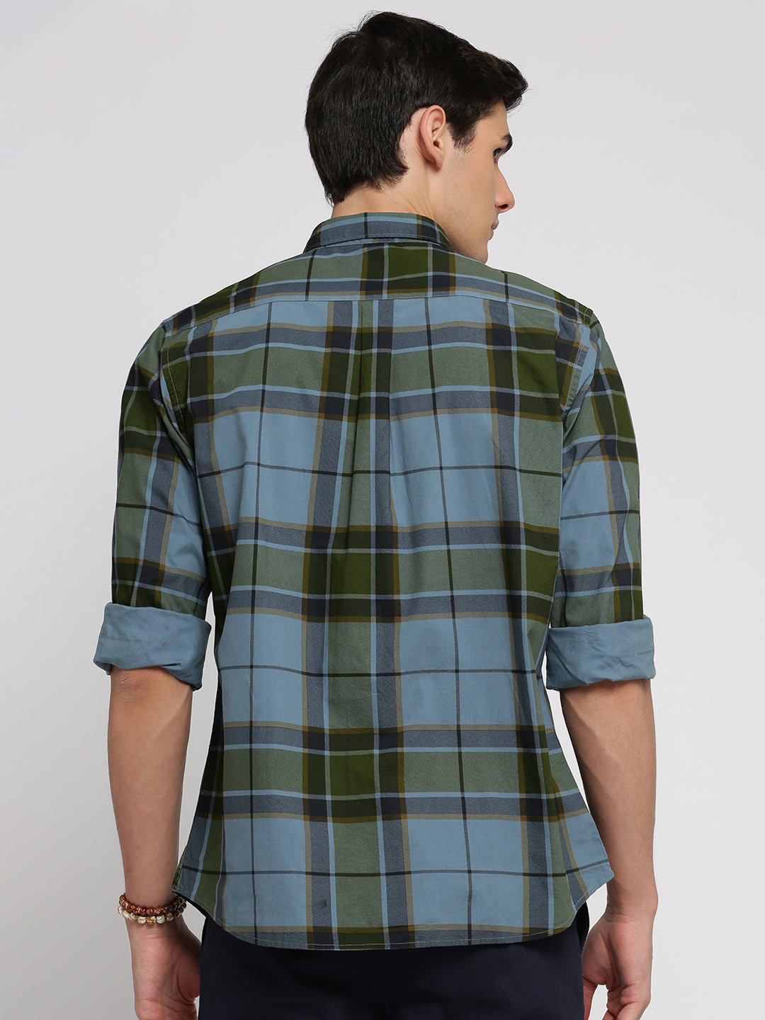 Men Blue Spread Collar Tartan Checks Shirt