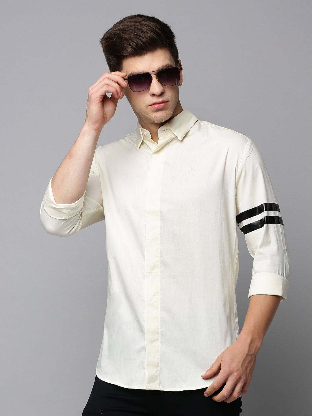 Men Cream Solid Casual Shirt