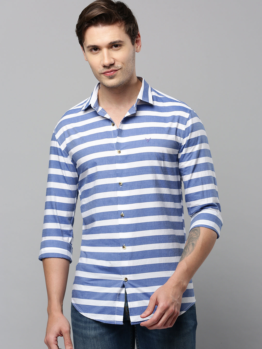 Men Blue Striped Casual Shirt