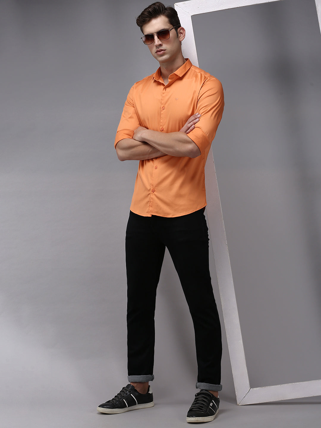 Men Orange Solid Casual Shirt