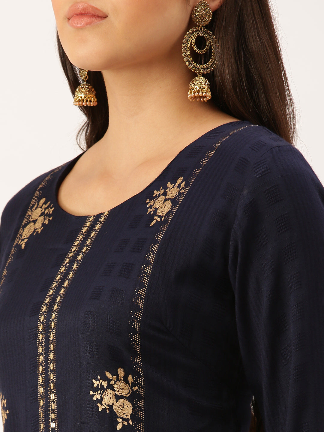 Women's Navy Blue Solid Straight Kurta