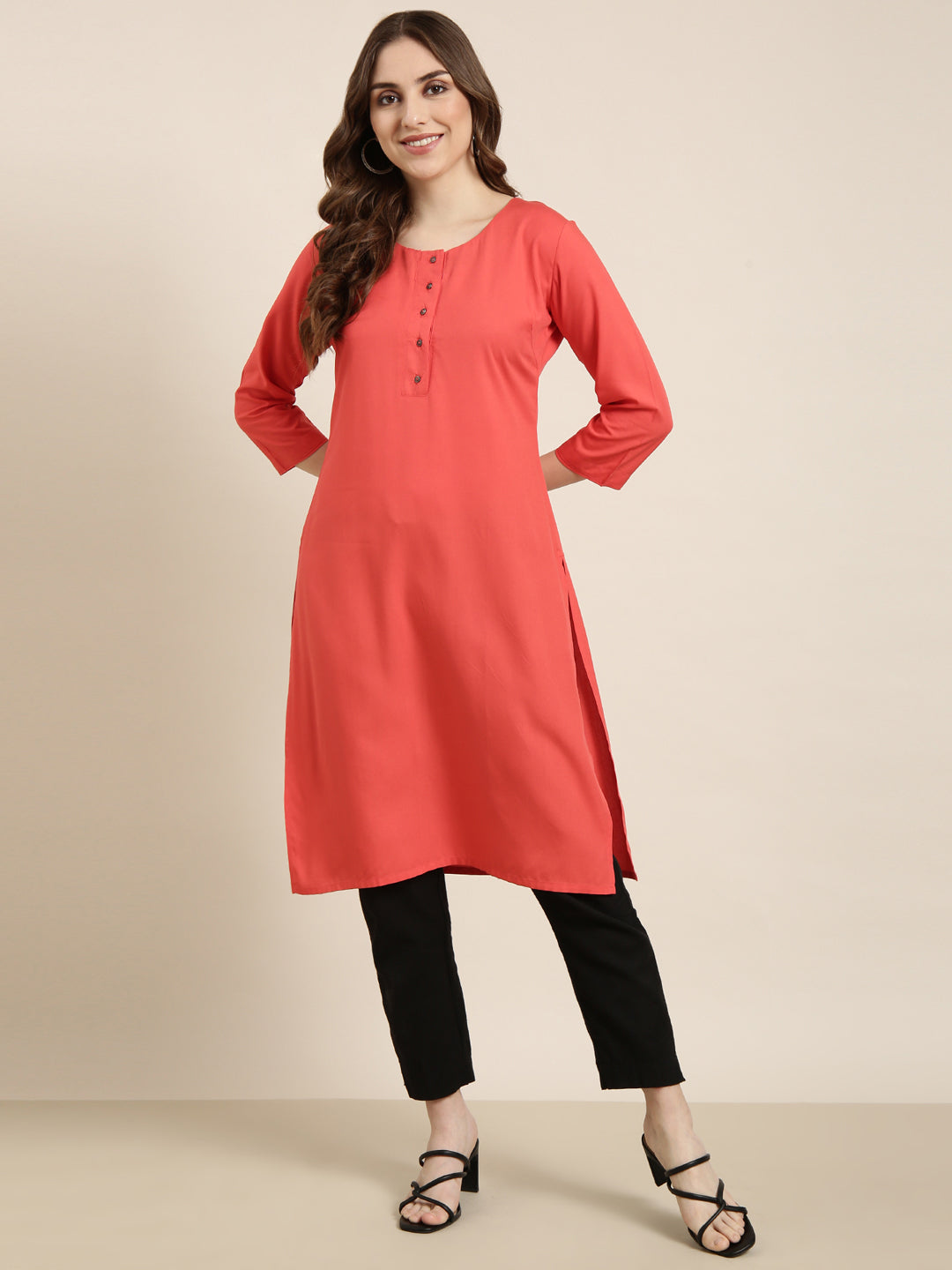 Women Straight Red Solid Kurta