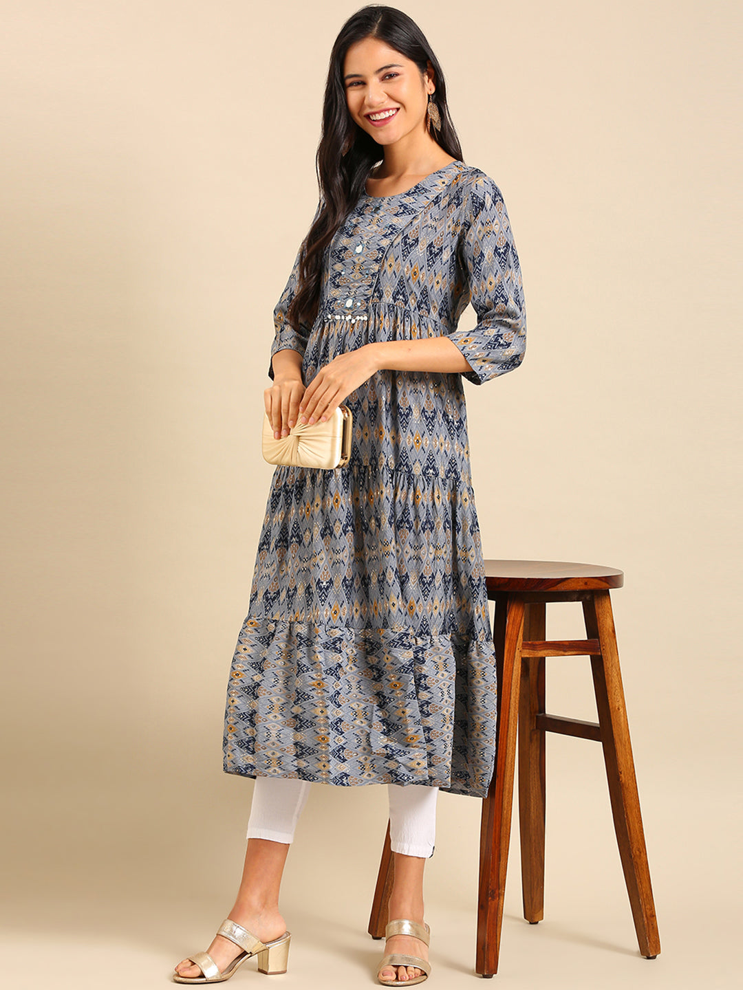 Women's Grey Printed Anarkali Kurta