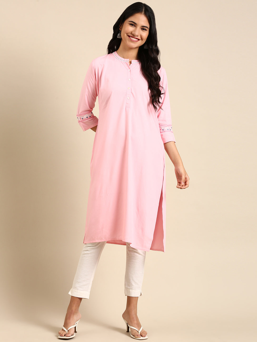 Women's Pink Printed Straight Kurta