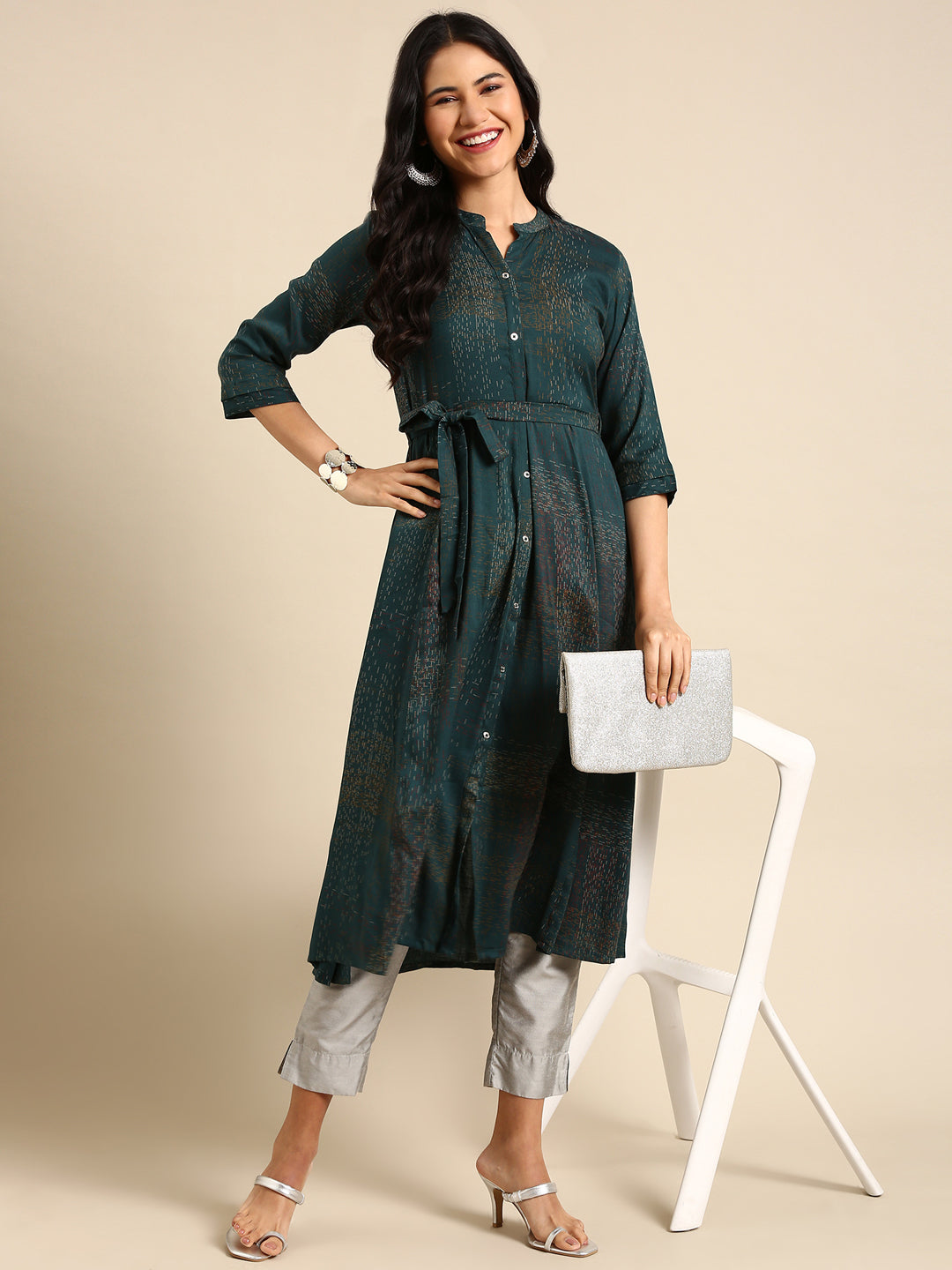 Women's Teal Printed Anarkali Kurta