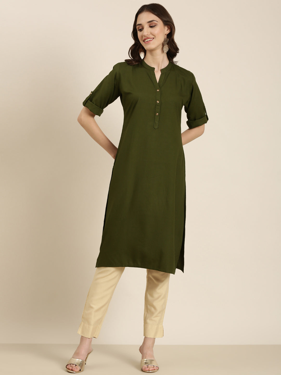 Women Olive Solid Straight Kurta