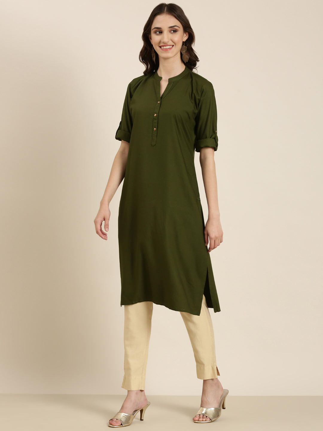 Women Olive Solid Straight Kurta