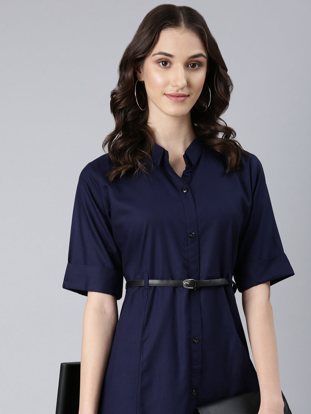 Women Navy Blue Solid Shirt Dress