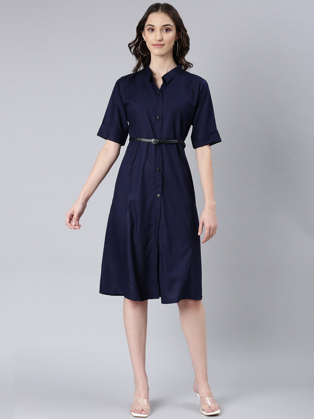 Women Navy Blue Solid Shirt Dress