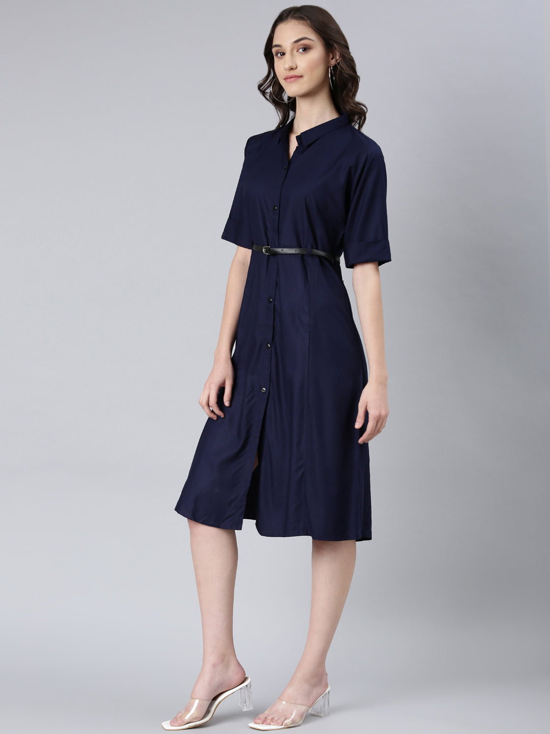 Women Navy Blue Solid Shirt Dress