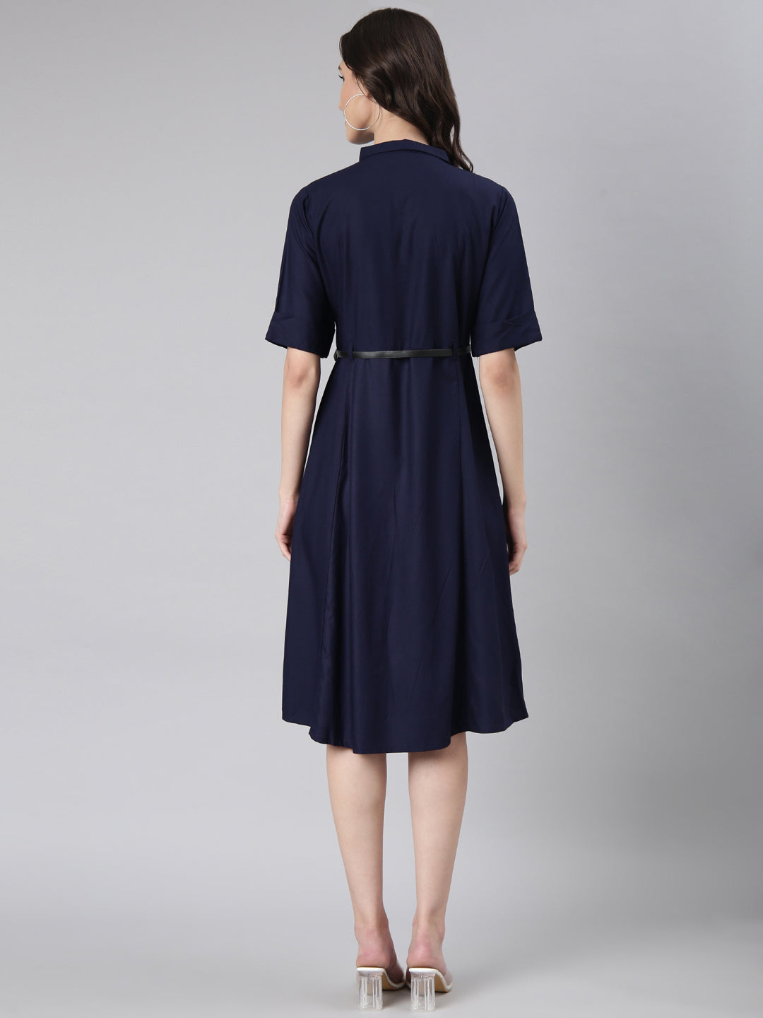 Women Navy Blue Solid Shirt Dress