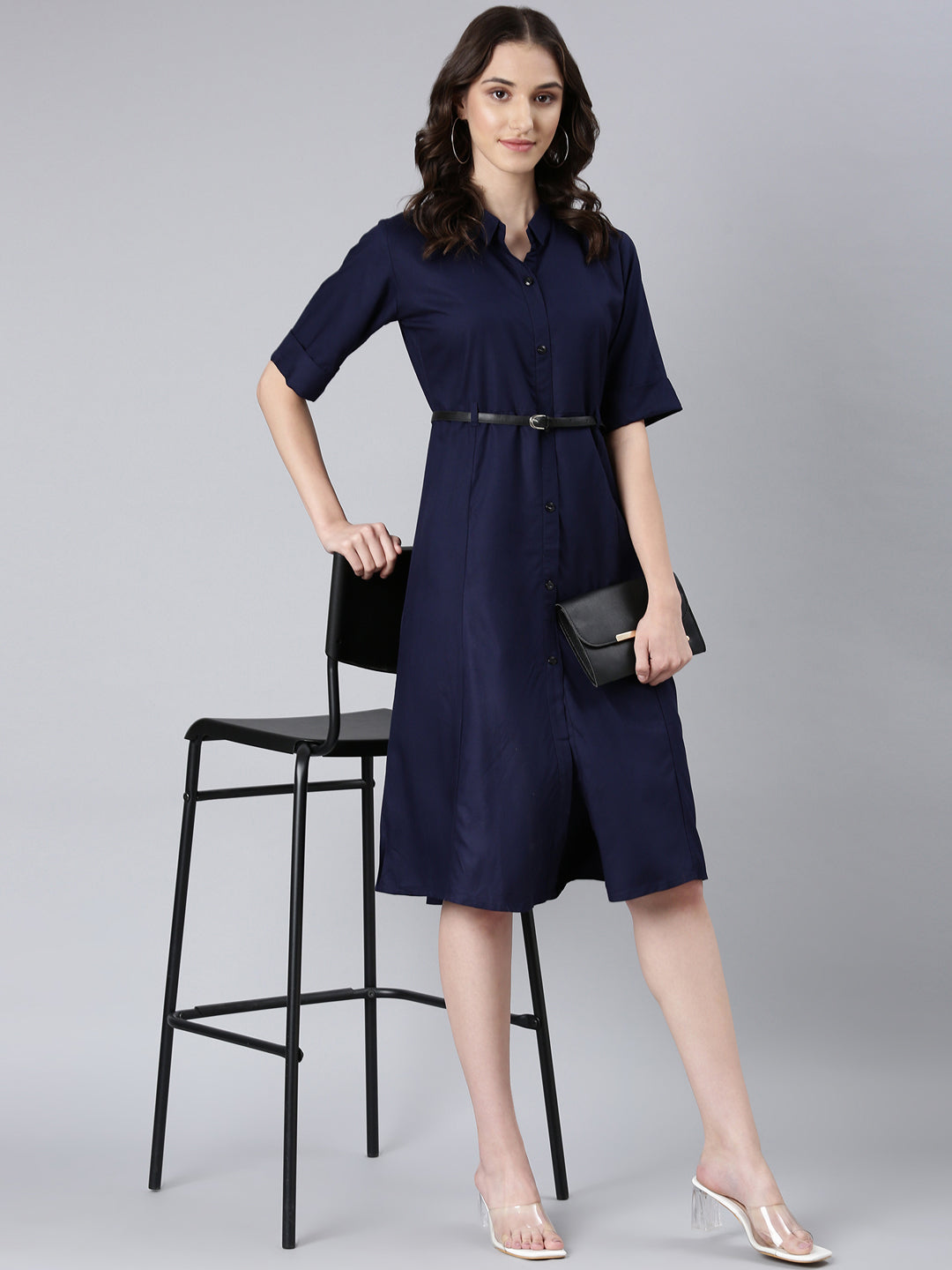 Women Navy Blue Solid Shirt Dress