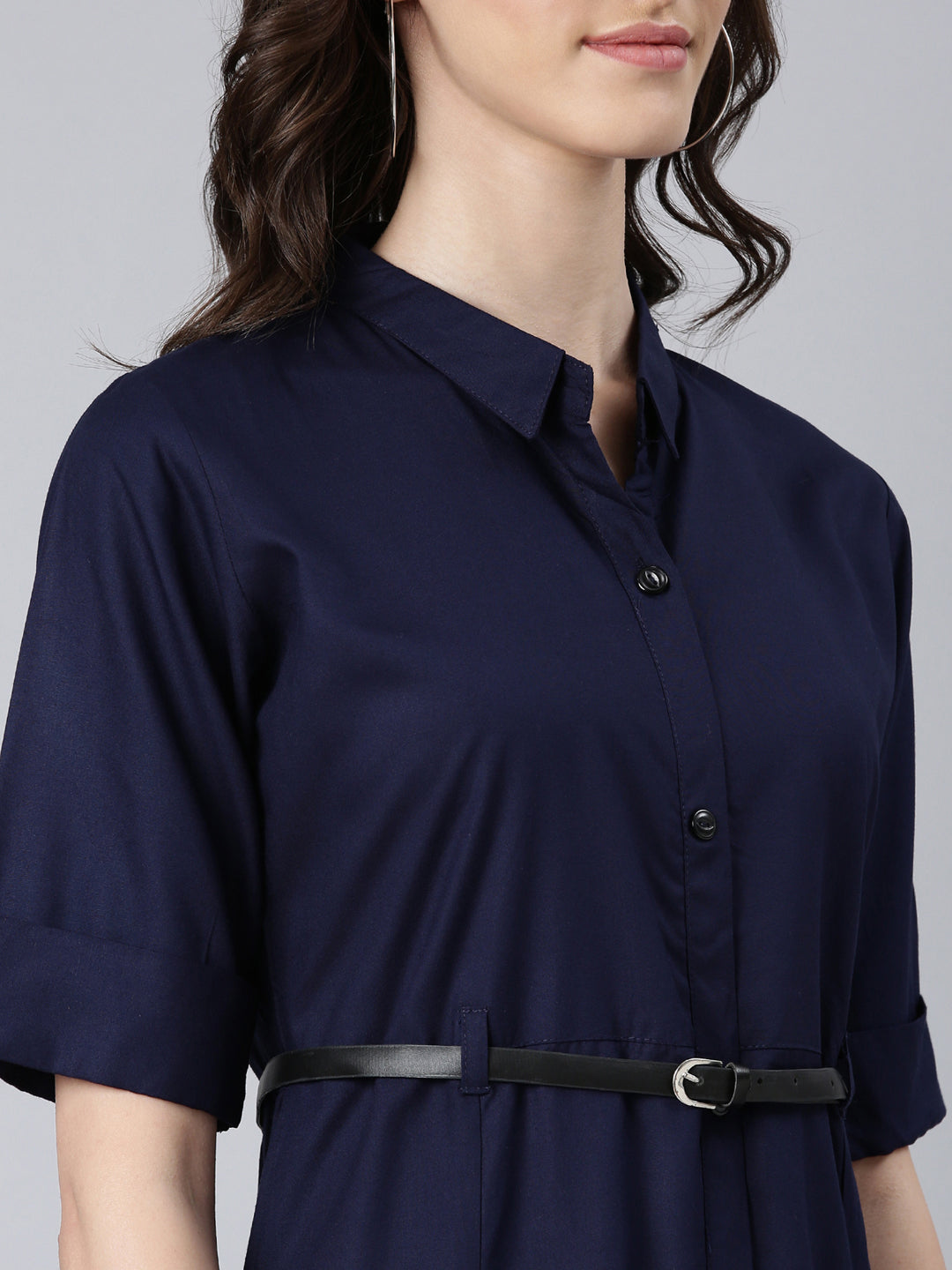 Women Navy Blue Solid Shirt Dress