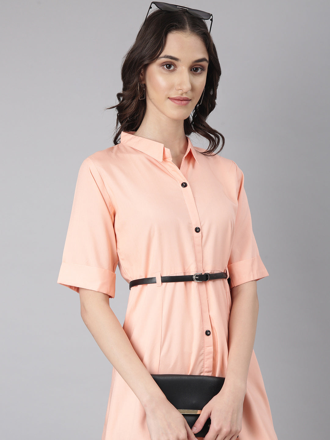 Women Peach Solid Shirt Dress