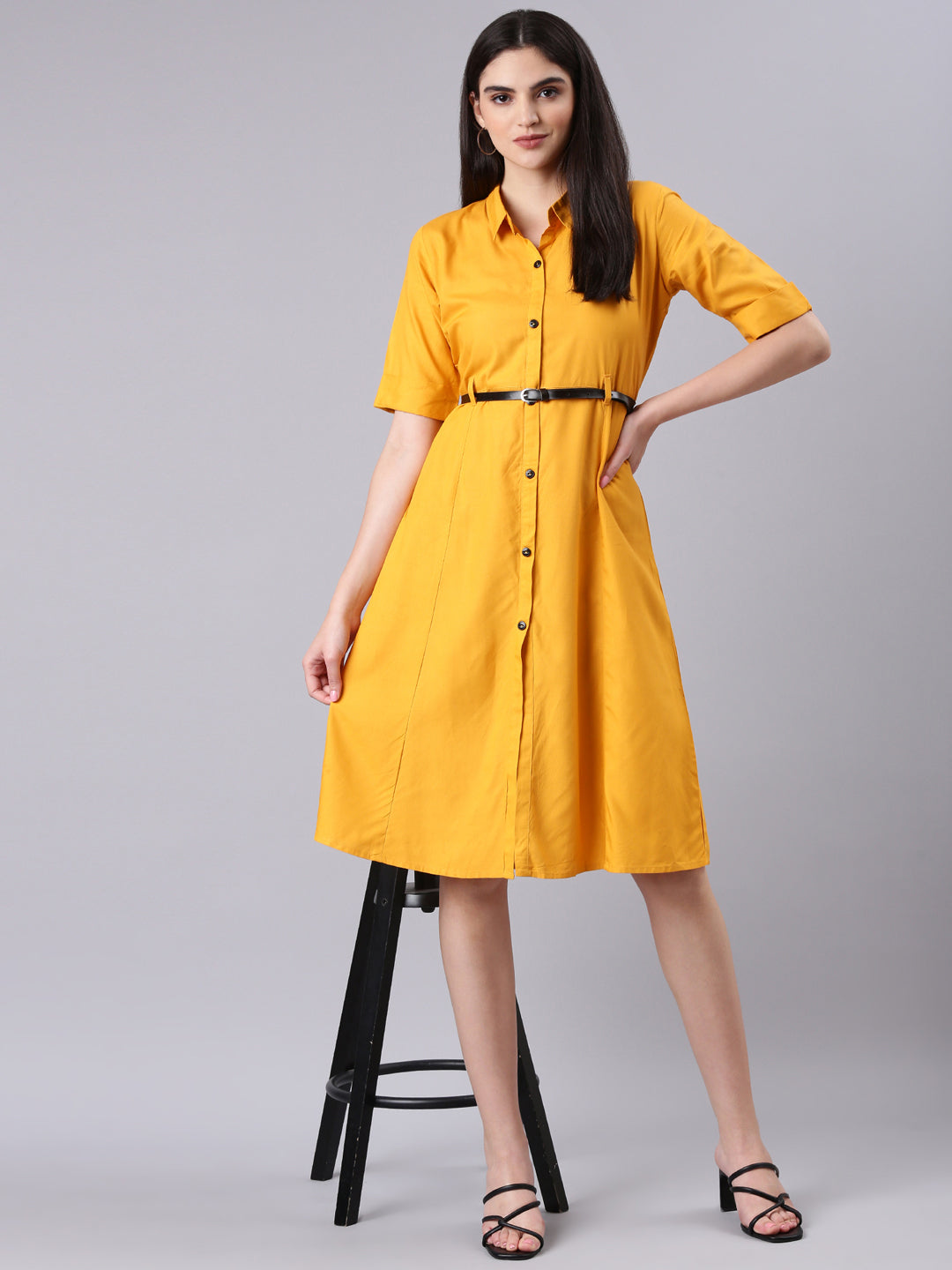 Women Yellow Solid Shirt Dress