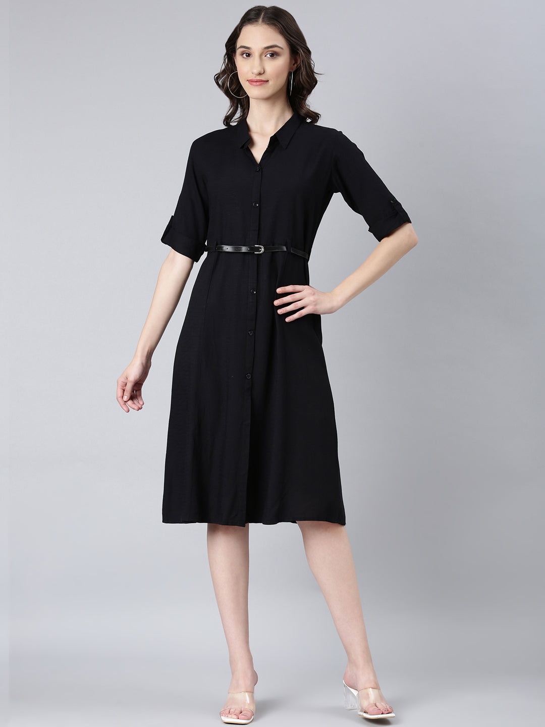 Women Black Solid Shirt Dress