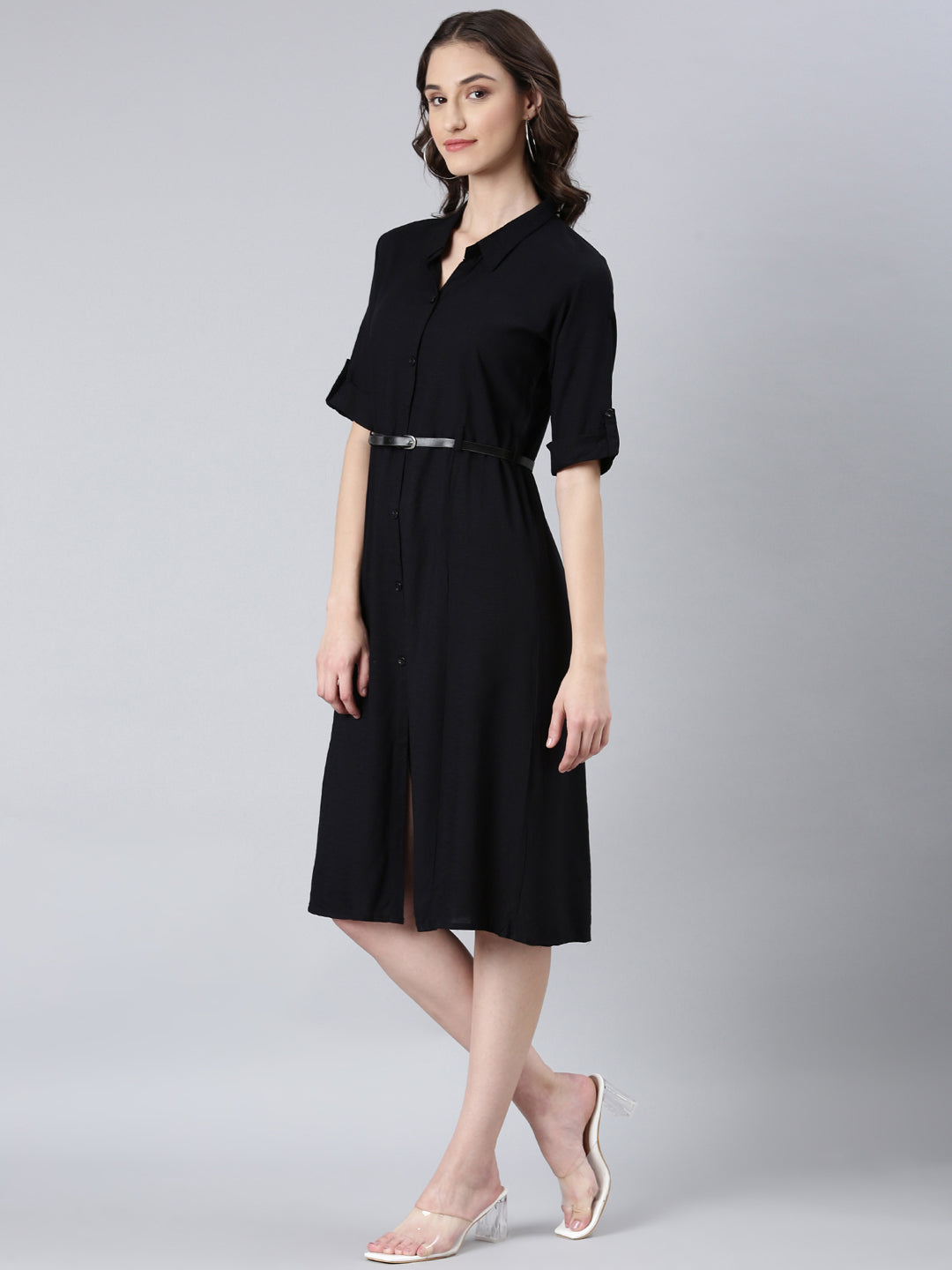 Women Black Solid Shirt Dress