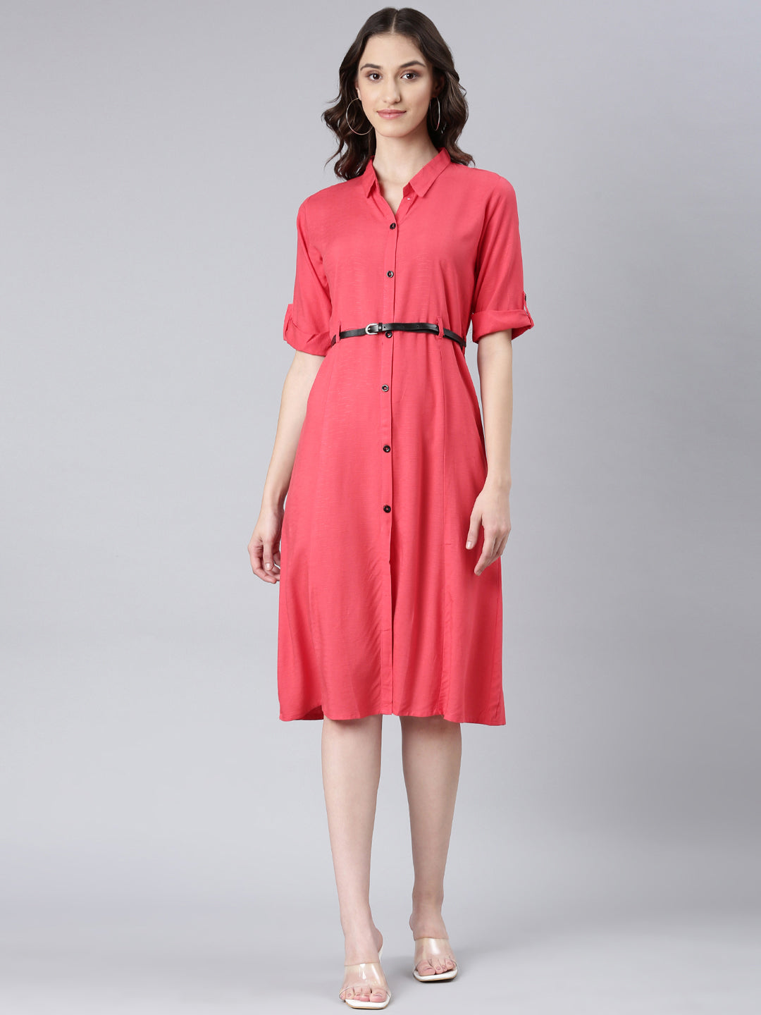 Women Peach Solid Shirt Dress