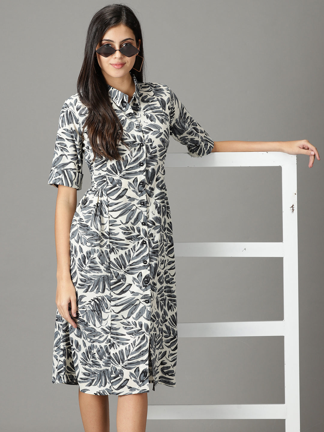 Women's Off White Printed Shirt Dress