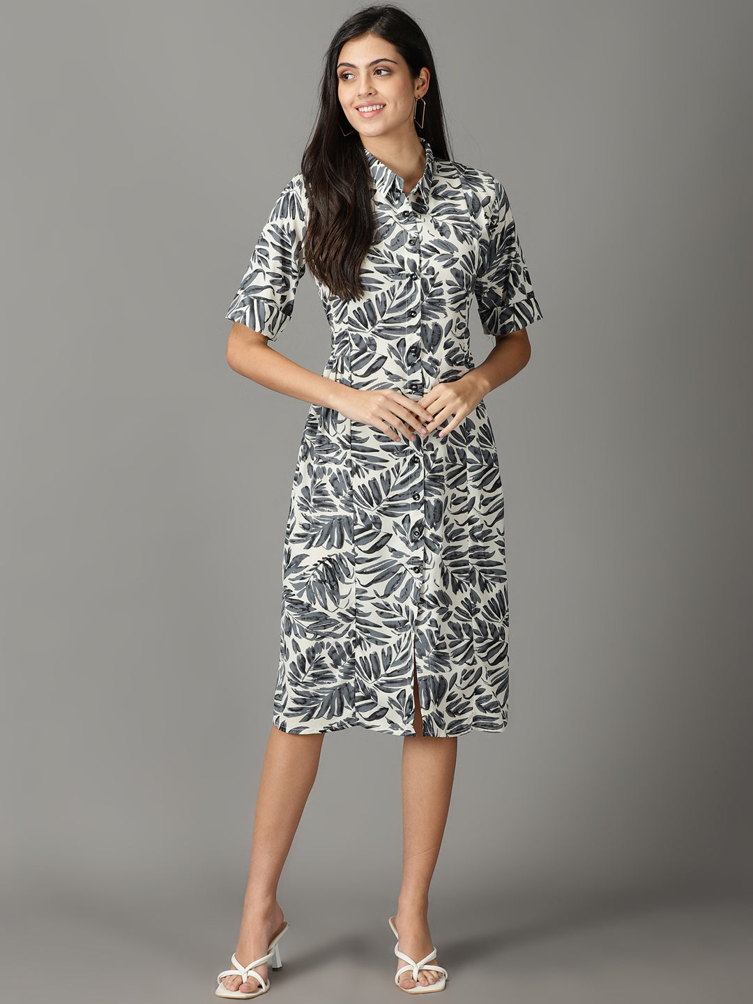 Women's Off White Printed Shirt Dress