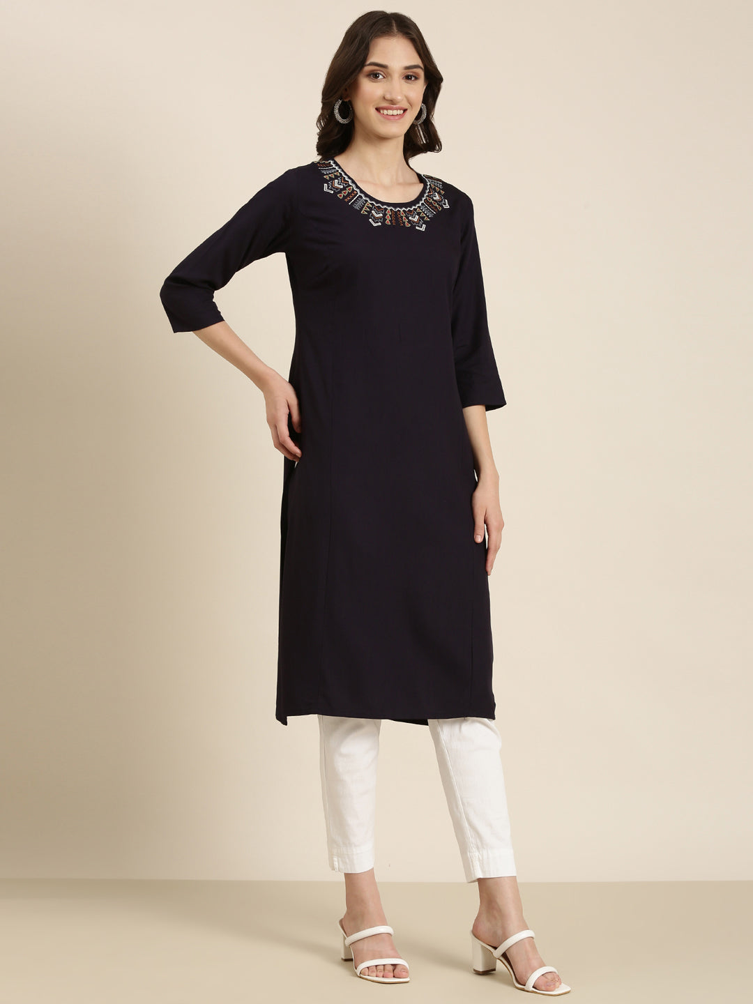 Women Navy Blue Solid Straight Kurta