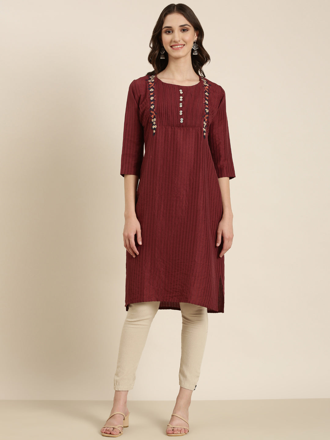 Women Magenta Striped Straight Kurta