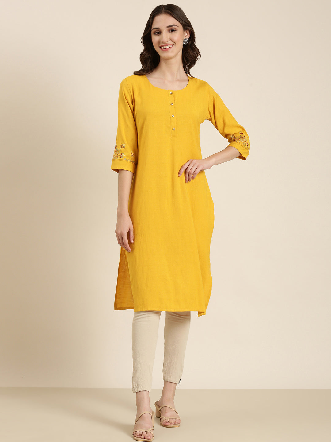 Women Yellow Solid Straight Kurta