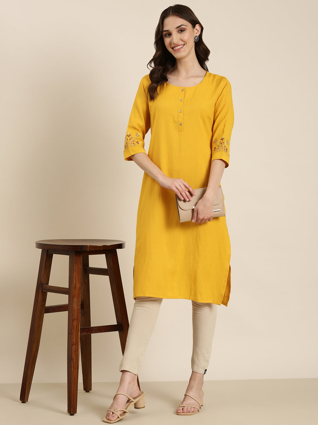 Women Yellow Solid Straight Kurta