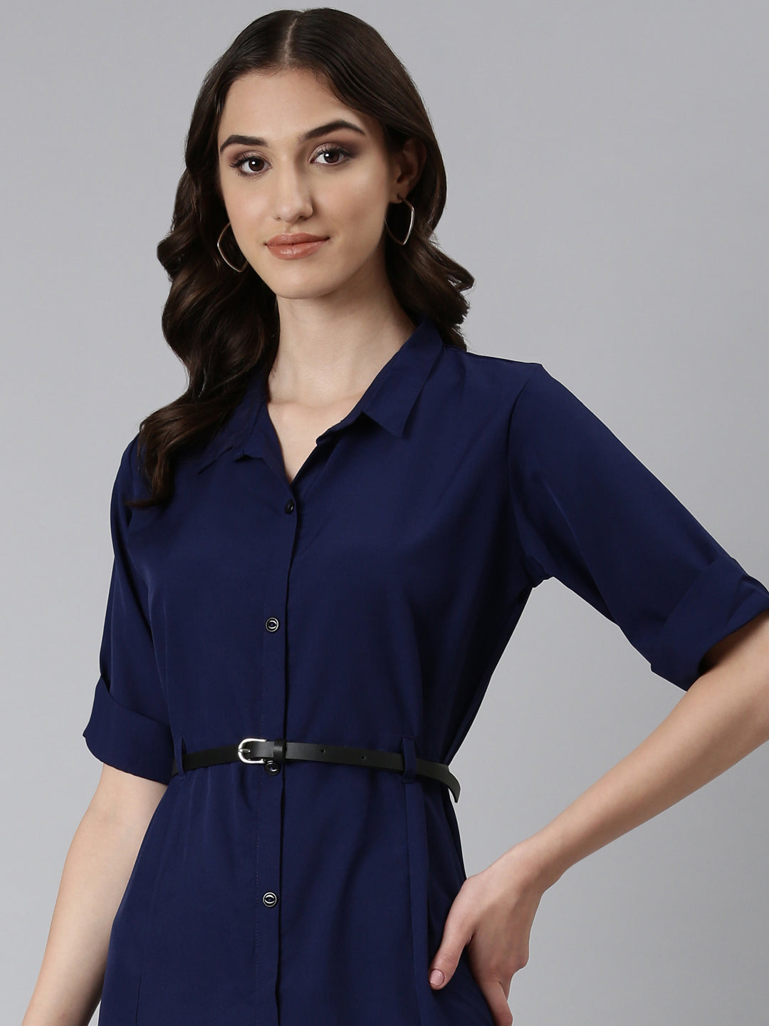 Women Navy Blue Solid Shirt Dress