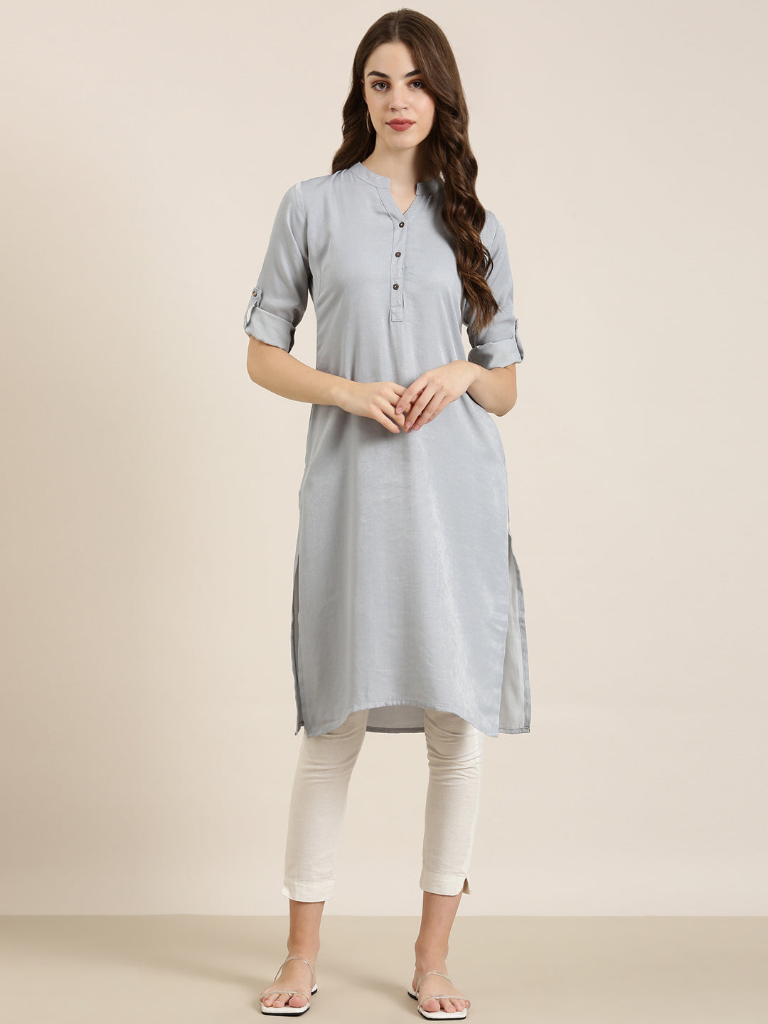 Women Grey Solid Straight Kurta