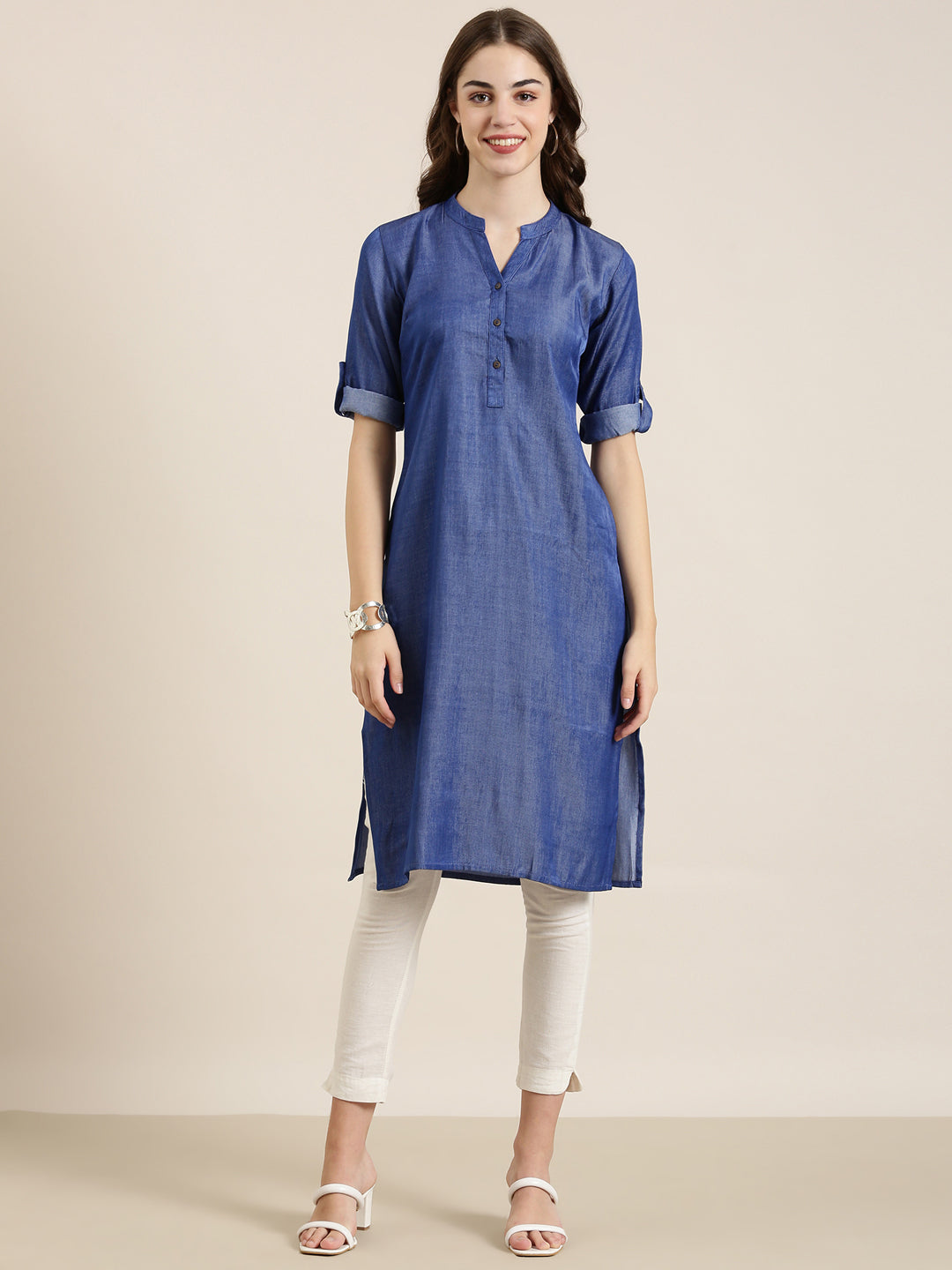 Women Navy Blue Solid Straight Kurta