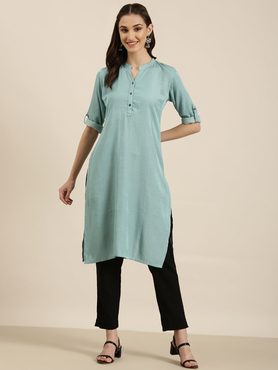 Women Turquoise Blue Solid Straight Kurta