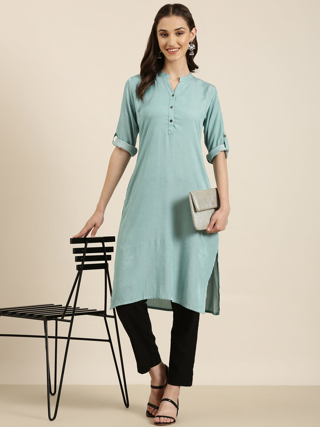 Women Turquoise Blue Solid Straight Kurta