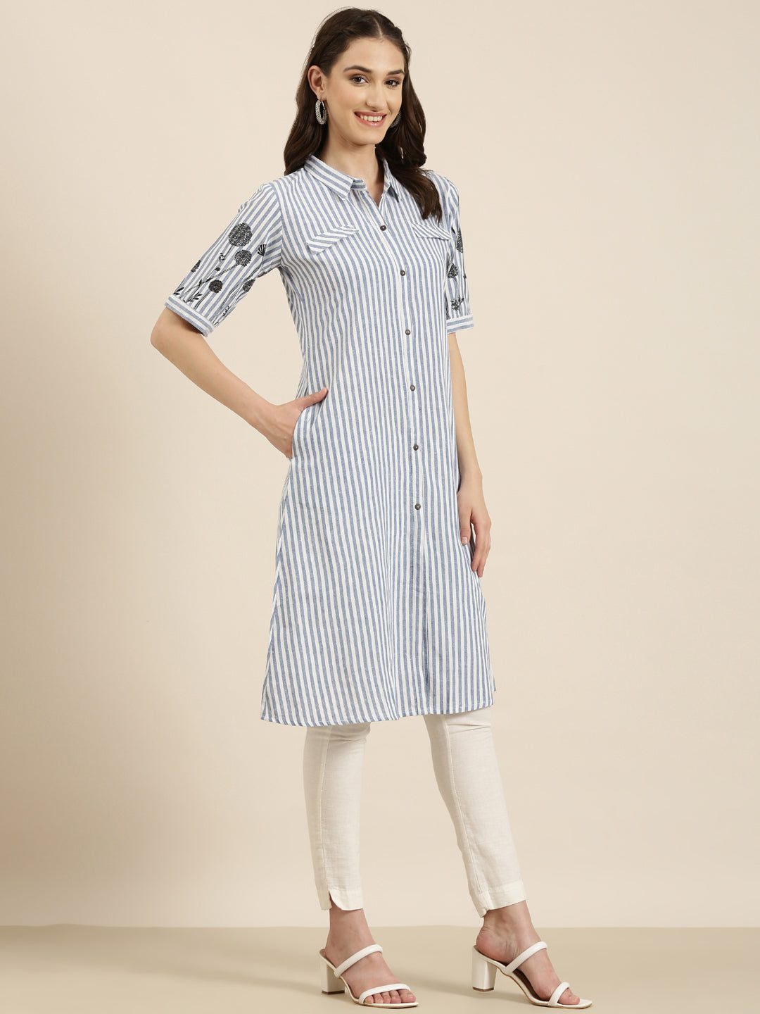 Women Blue Striped A-Line Kurta