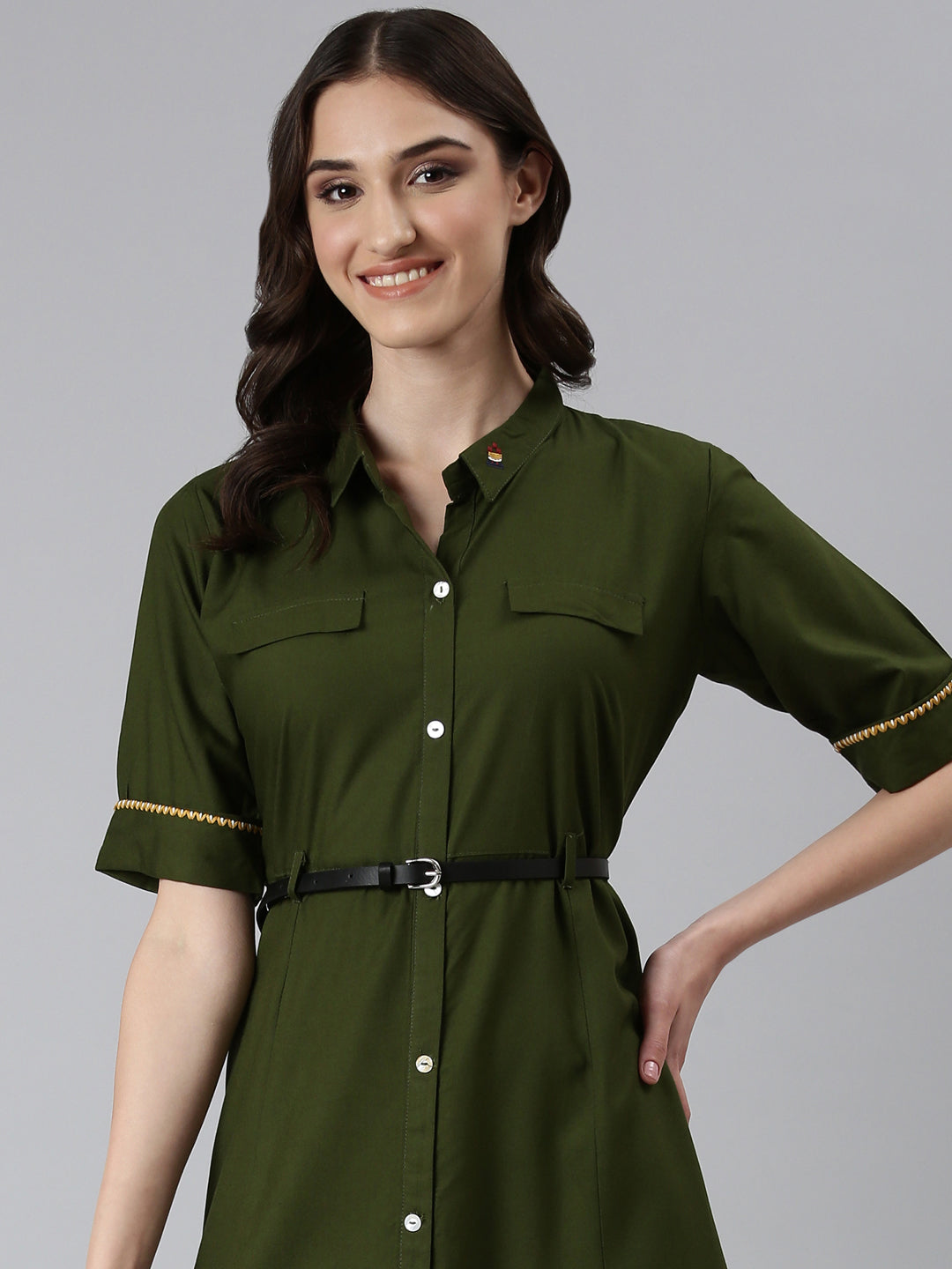 Women Olive Solid Shirt Dress