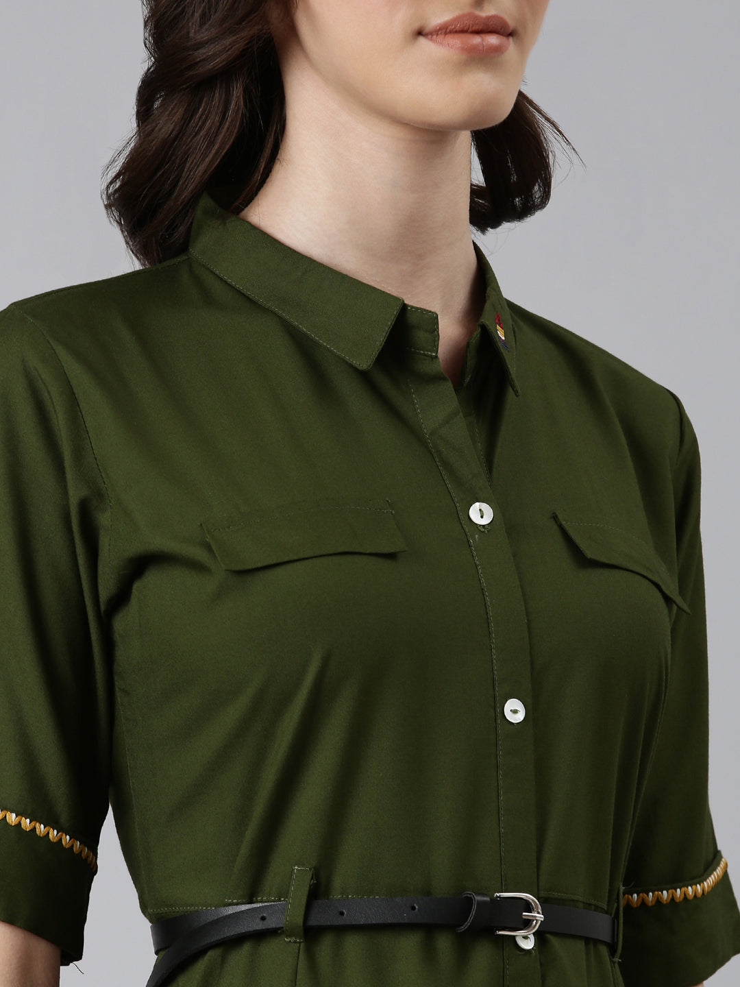Women Olive Solid Shirt Dress