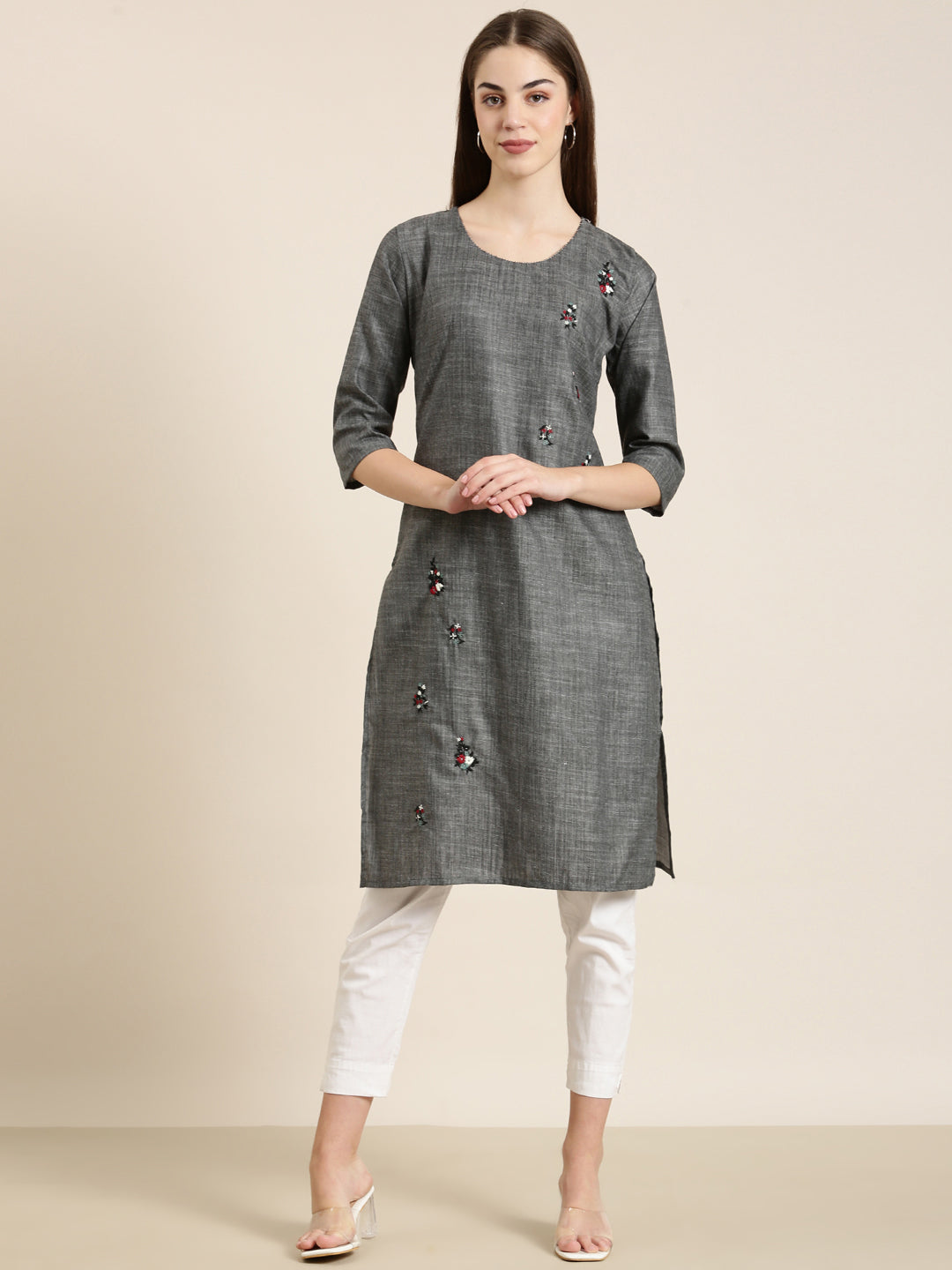 Women Grey Solid Straight Kurta